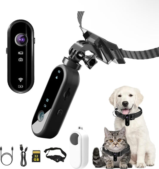 Pet Camera Collar Collier pour chat 1080p 120° grand angle avec caméra, enregistrement vidéo avec carte SD 32 G, rechargeable par USB, pour chiens et chats